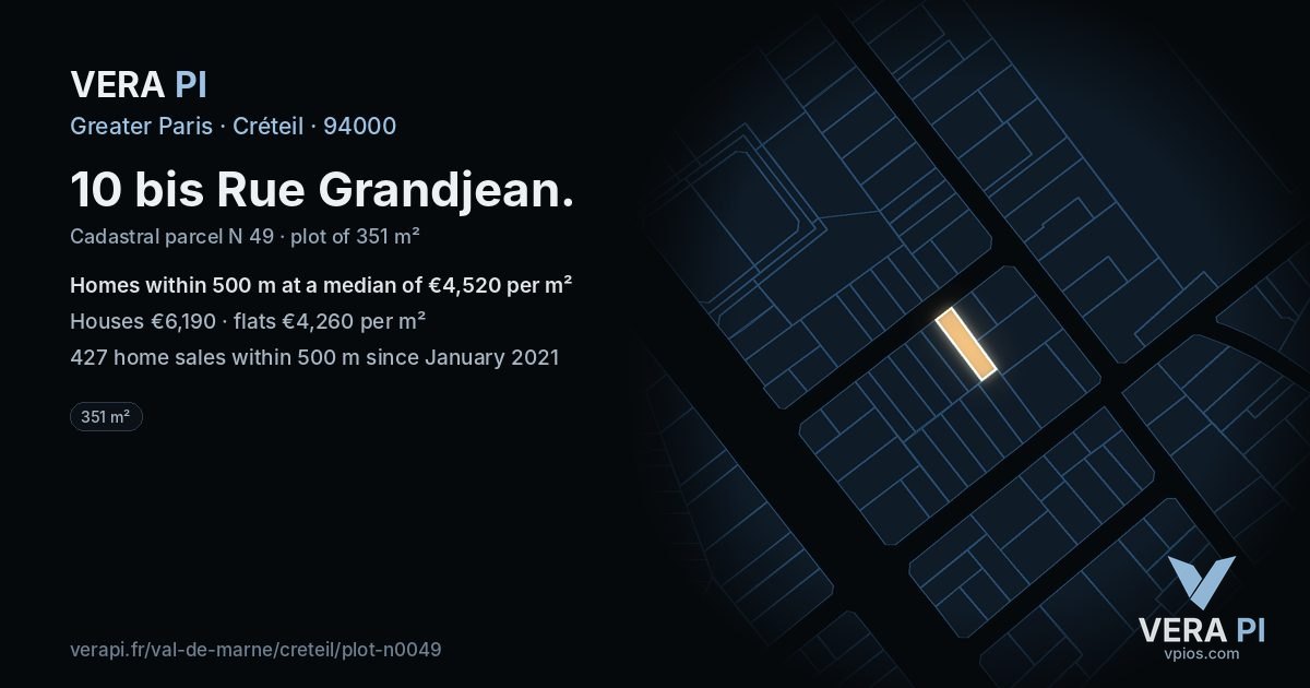 10 bis Rue Grandjean, Créteil at night – the plot lit, the parcels around coloured by the prices near them