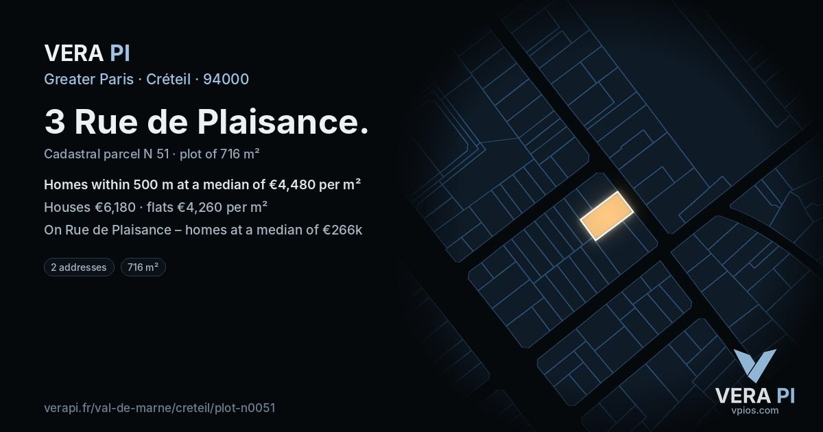 3 Rue de Plaisance, Créteil at night – the plot lit, the parcels around coloured by the prices near them