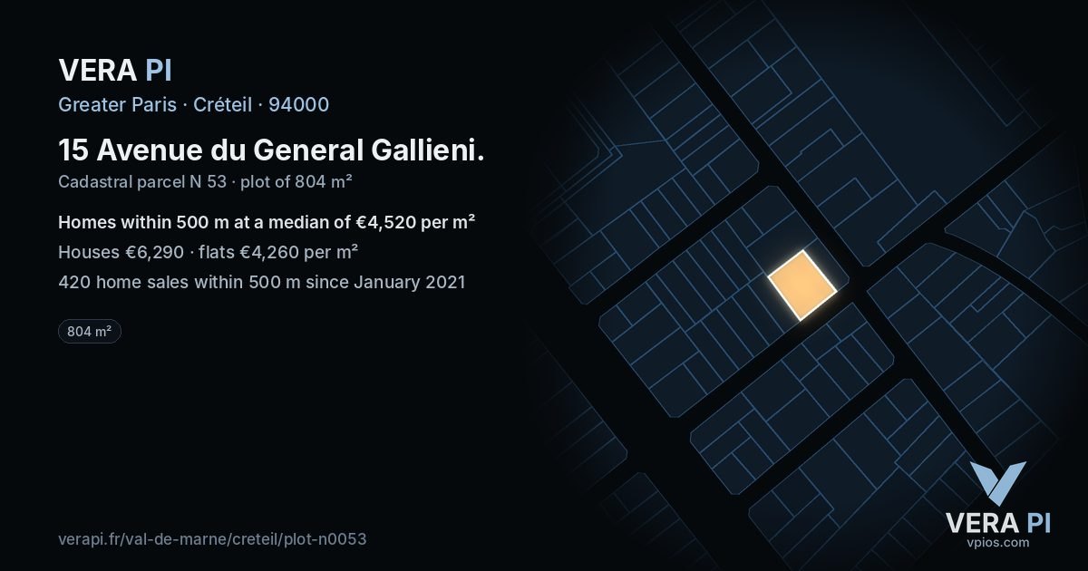 15 Avenue du General Gallieni, Créteil at night – the plot lit, the parcels around coloured by the prices near them