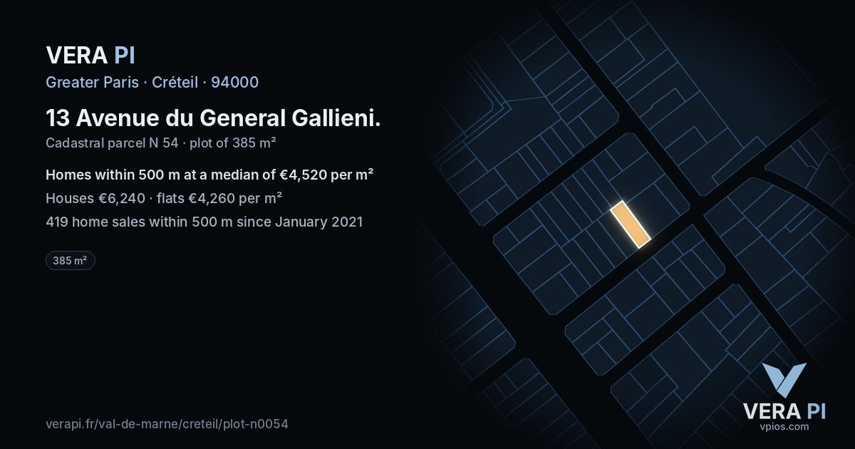 13 Avenue du General Gallieni, Créteil at night – the plot lit, the parcels around coloured by the prices near them