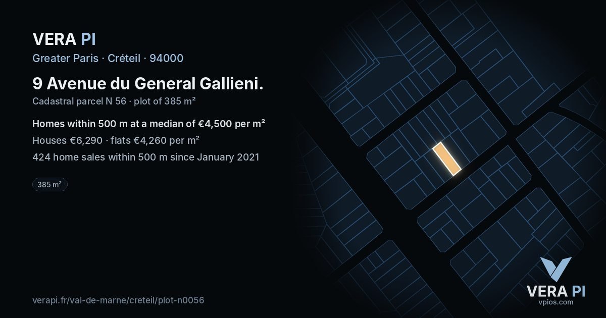 9 Avenue du General Gallieni, Créteil at night – the plot lit, the parcels around coloured by the prices near them