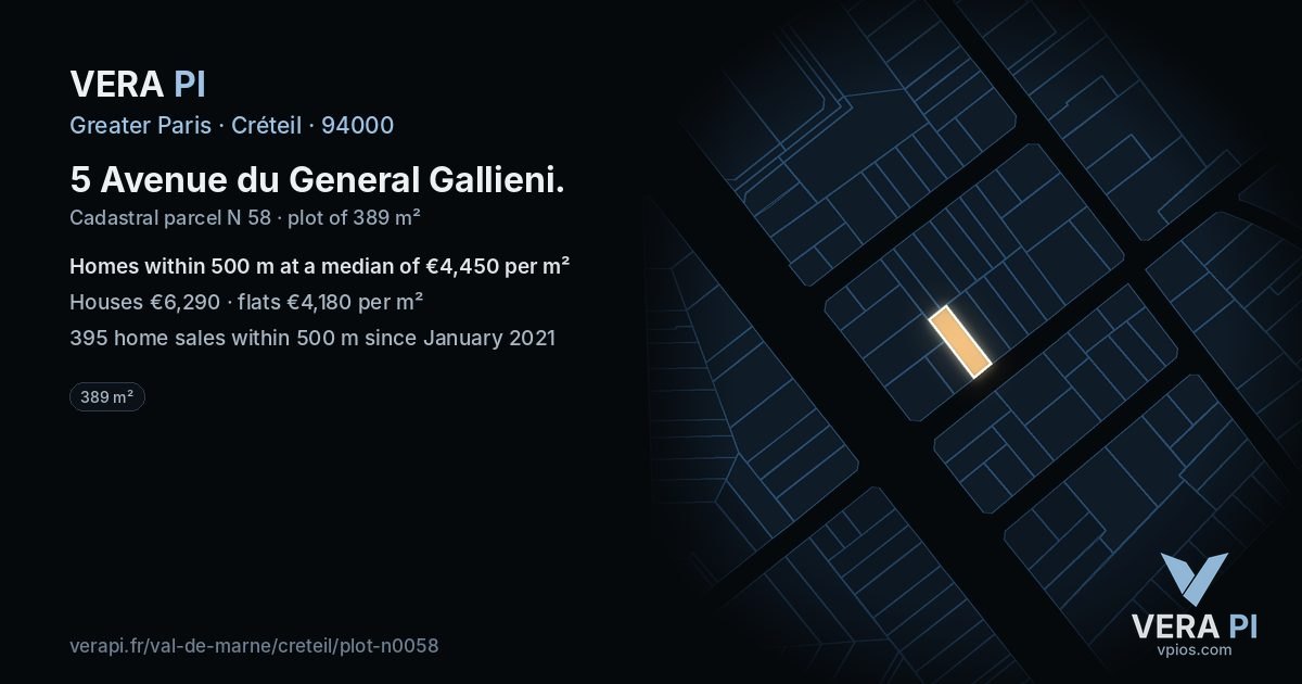5 Avenue du General Gallieni, Créteil at night – the plot lit, the parcels around coloured by the prices near them