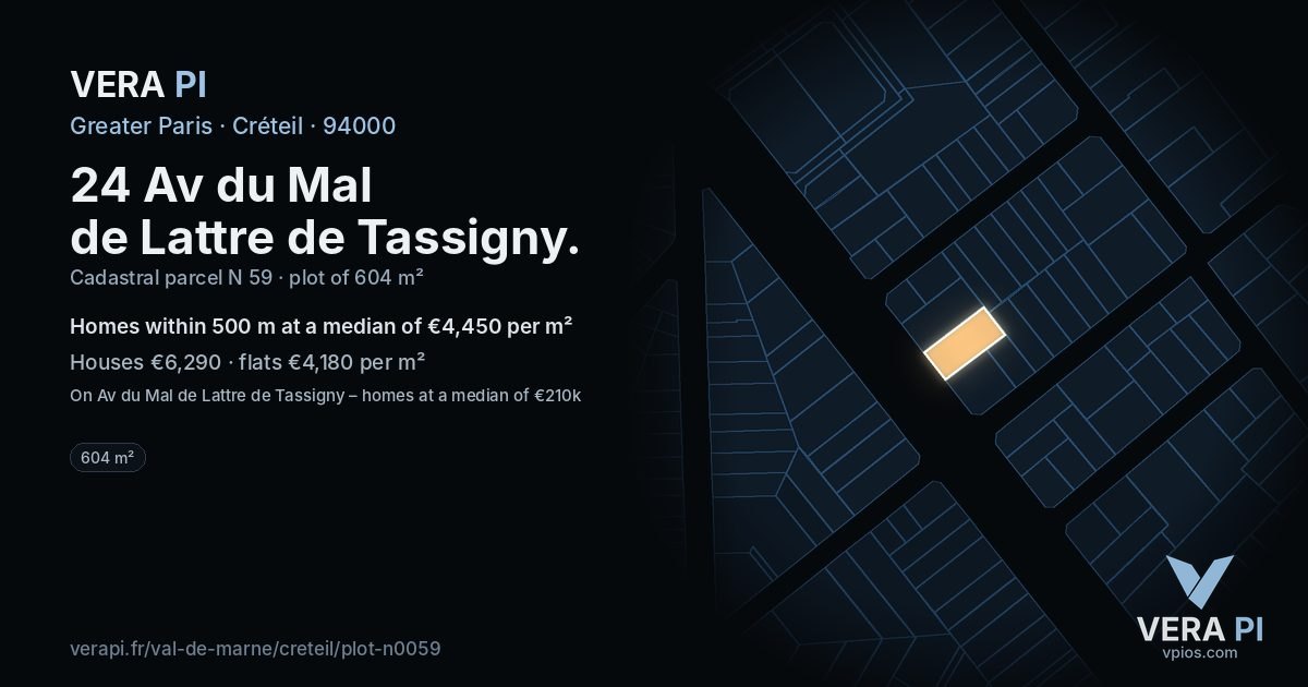 24 Av du Mal de Lattre de Tassigny, Créteil at night – the plot lit, the parcels around coloured by the prices near them