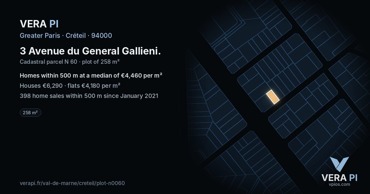 3 Avenue du General Gallieni, Créteil at night – the plot lit, the parcels around coloured by the prices near them