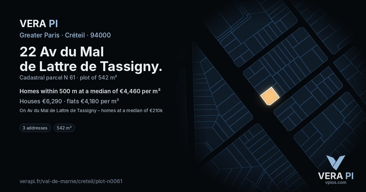 22 Av du Mal de Lattre de Tassigny, Créteil at night – the plot lit, the parcels around coloured by the prices near them