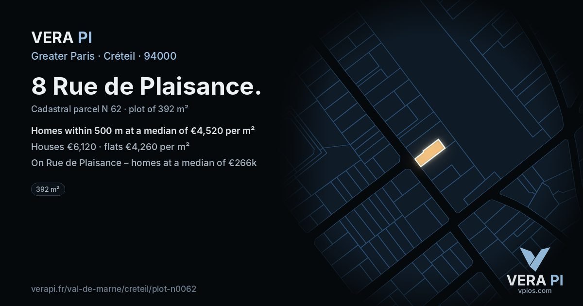 8 Rue de Plaisance, Créteil at night – the plot lit, the parcels around coloured by the prices near them