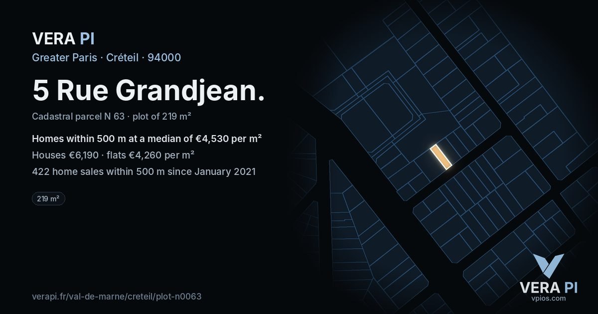 5 Rue Grandjean, Créteil at night – the plot lit, the parcels around coloured by the prices near them