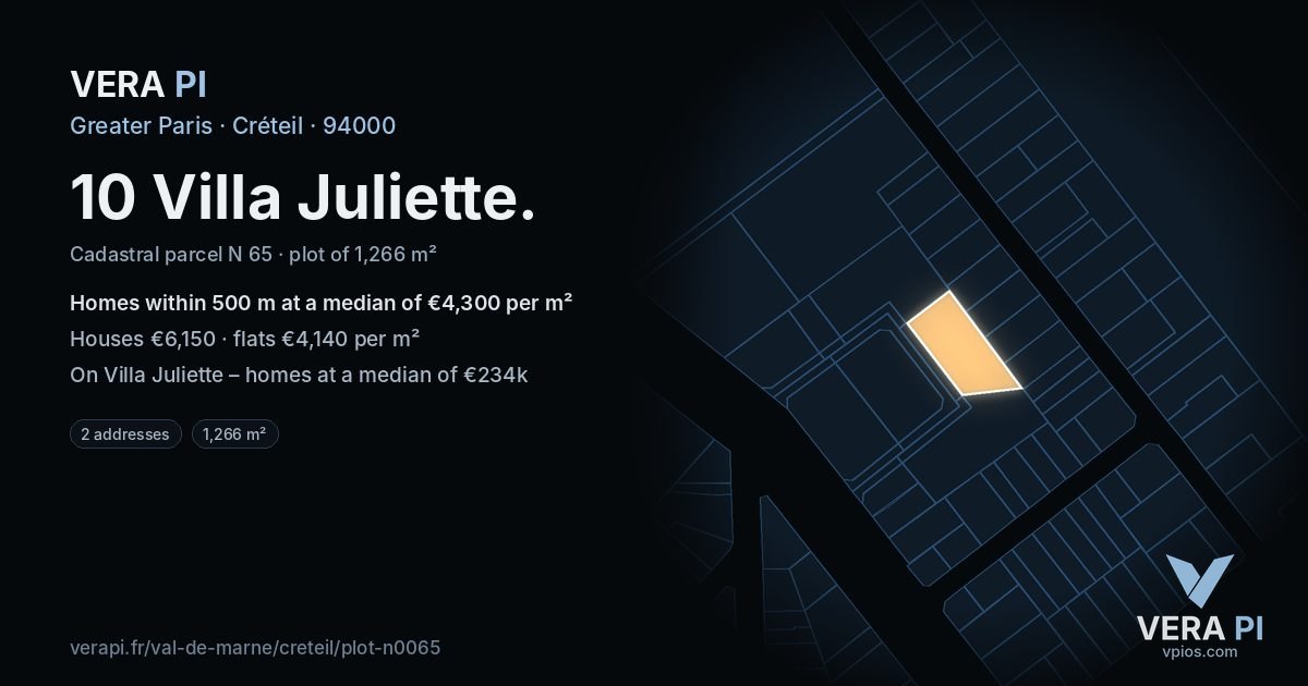 10 Villa Juliette, Créteil at night – the plot lit, the parcels around coloured by the prices near them