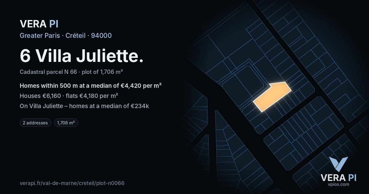 6 Villa Juliette, Créteil at night – the plot lit, the parcels around coloured by the prices near them