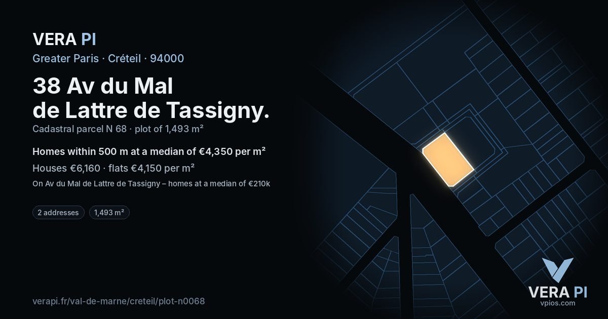38 Av du Mal de Lattre de Tassigny, Créteil at night – the plot lit, the parcels around coloured by the prices near them