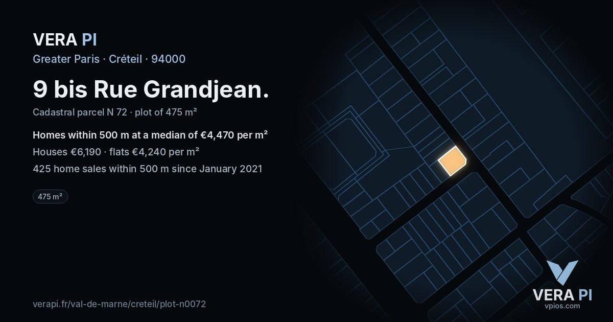 9 bis Rue Grandjean, Créteil at night – the plot lit, the parcels around coloured by the prices near them