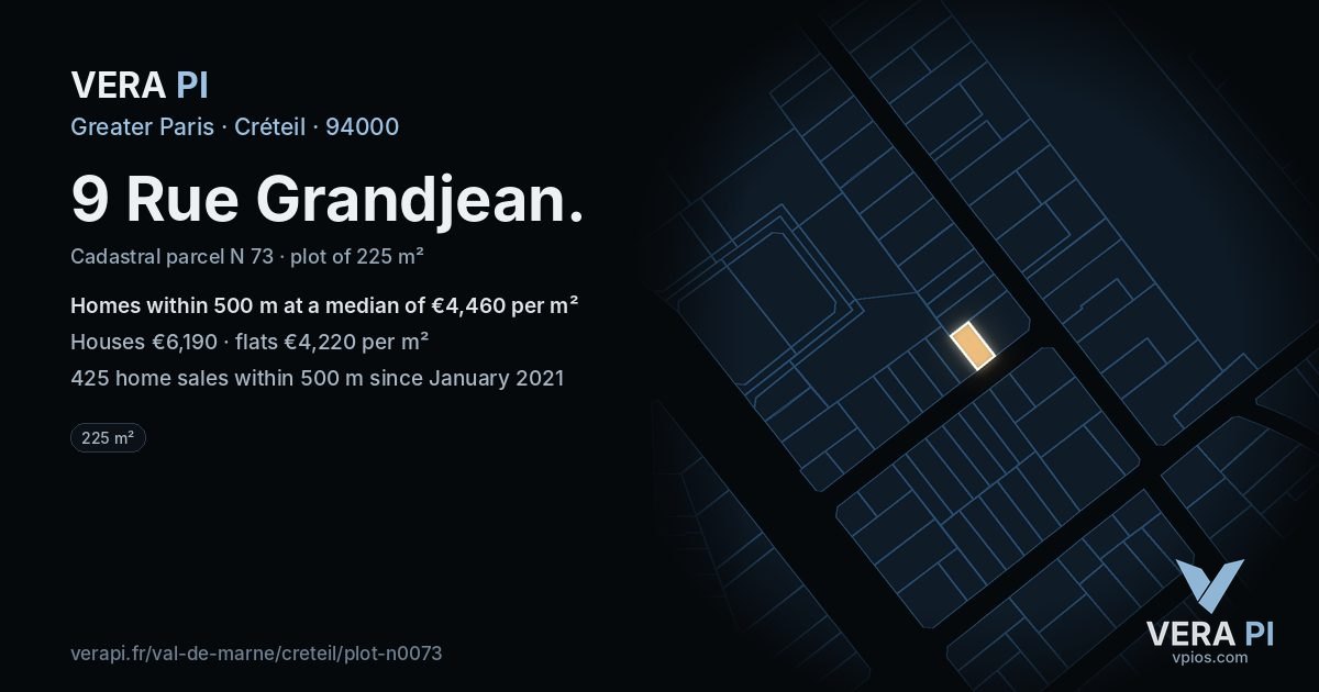 9 Rue Grandjean, Créteil at night – the plot lit, the parcels around coloured by the prices near them