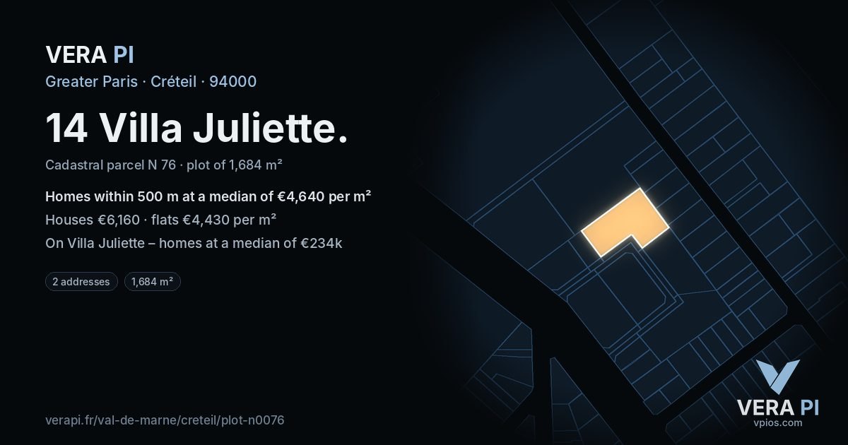 14 Villa Juliette, Créteil at night – the plot lit, the parcels around coloured by the prices near them