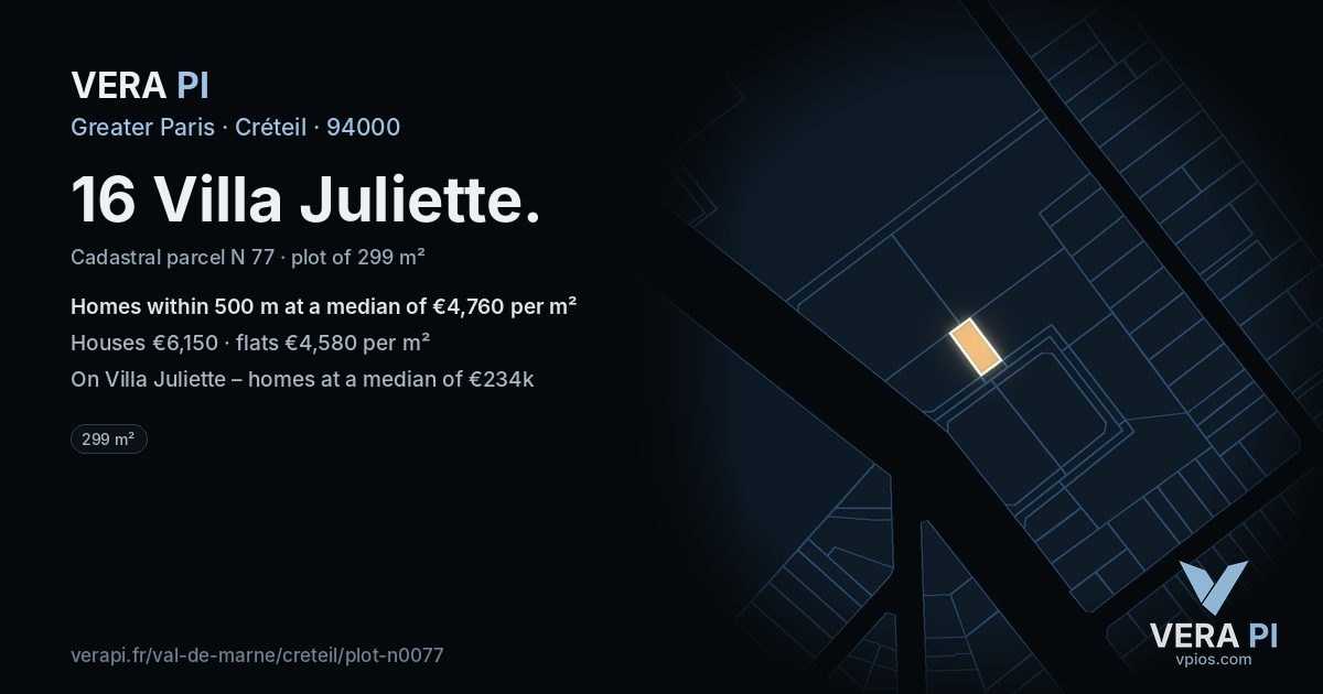 16 Villa Juliette, Créteil at night – the plot lit, the parcels around coloured by the prices near them