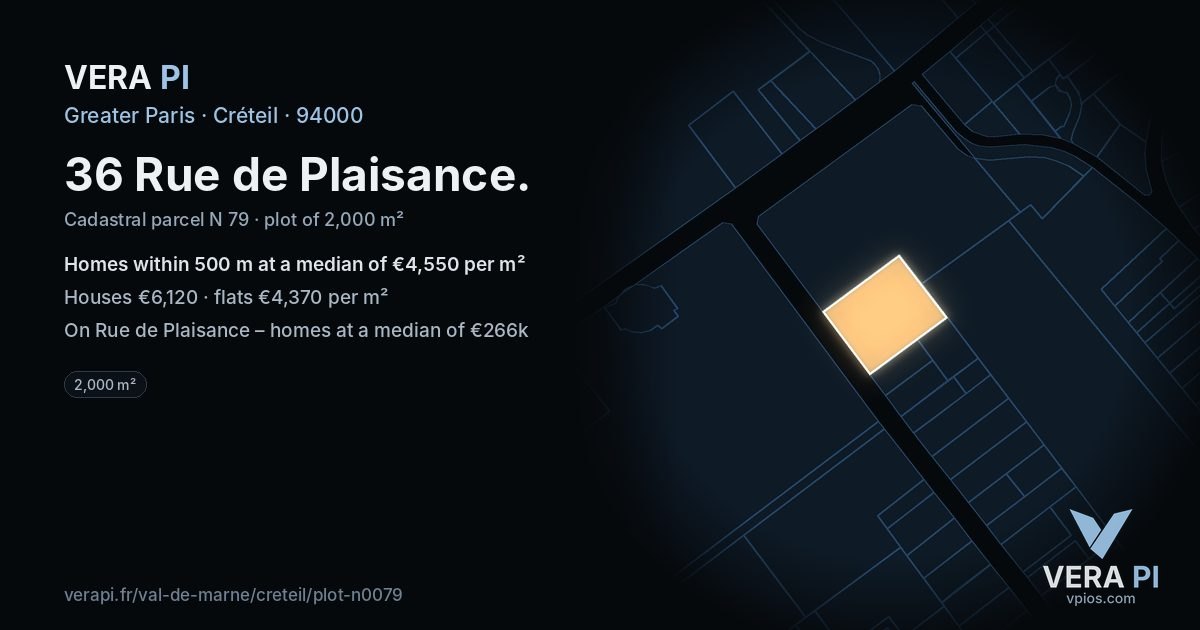 36 Rue de Plaisance, Créteil at night – the plot lit, the parcels around coloured by the prices near them