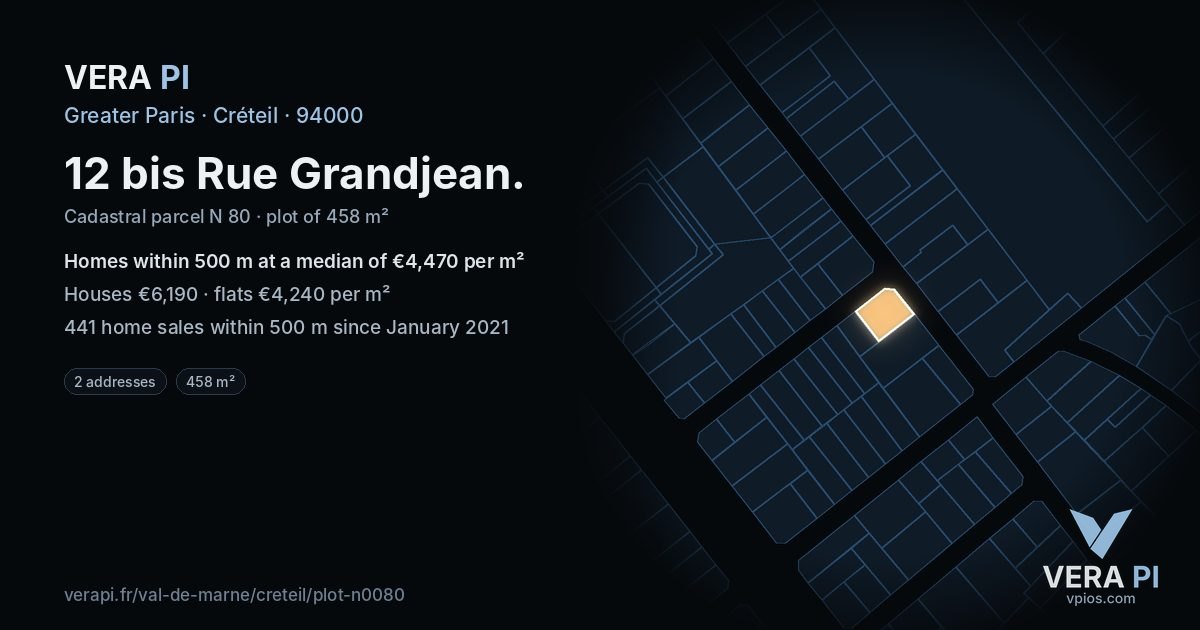 12 bis Rue Grandjean, Créteil at night – the plot lit, the parcels around coloured by the prices near them