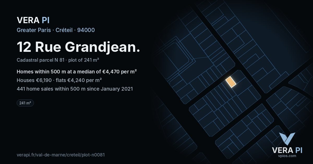 12 Rue Grandjean, Créteil at night – the plot lit, the parcels around coloured by the prices near them