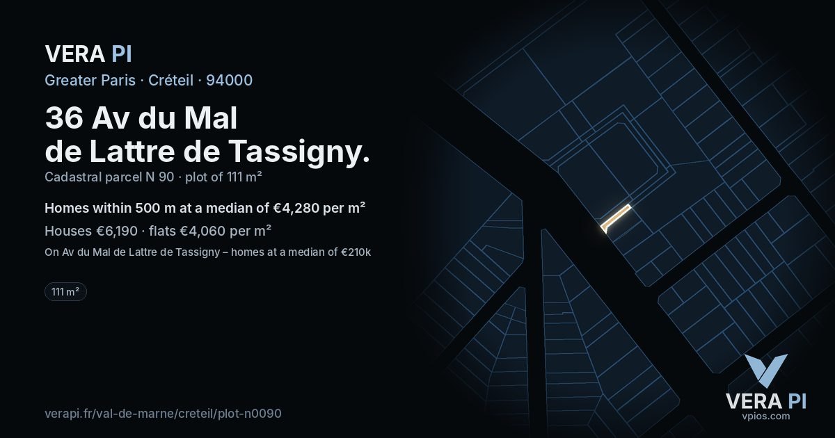 36 Av du Mal de Lattre de Tassigny, Créteil at night – the plot lit, the parcels around coloured by the prices near them