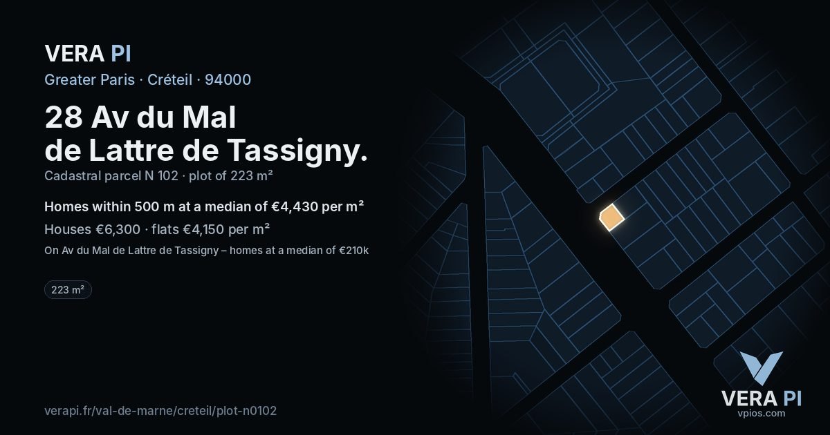 28 Av du Mal de Lattre de Tassigny, Créteil at night – the plot lit, the parcels around coloured by the prices near them
