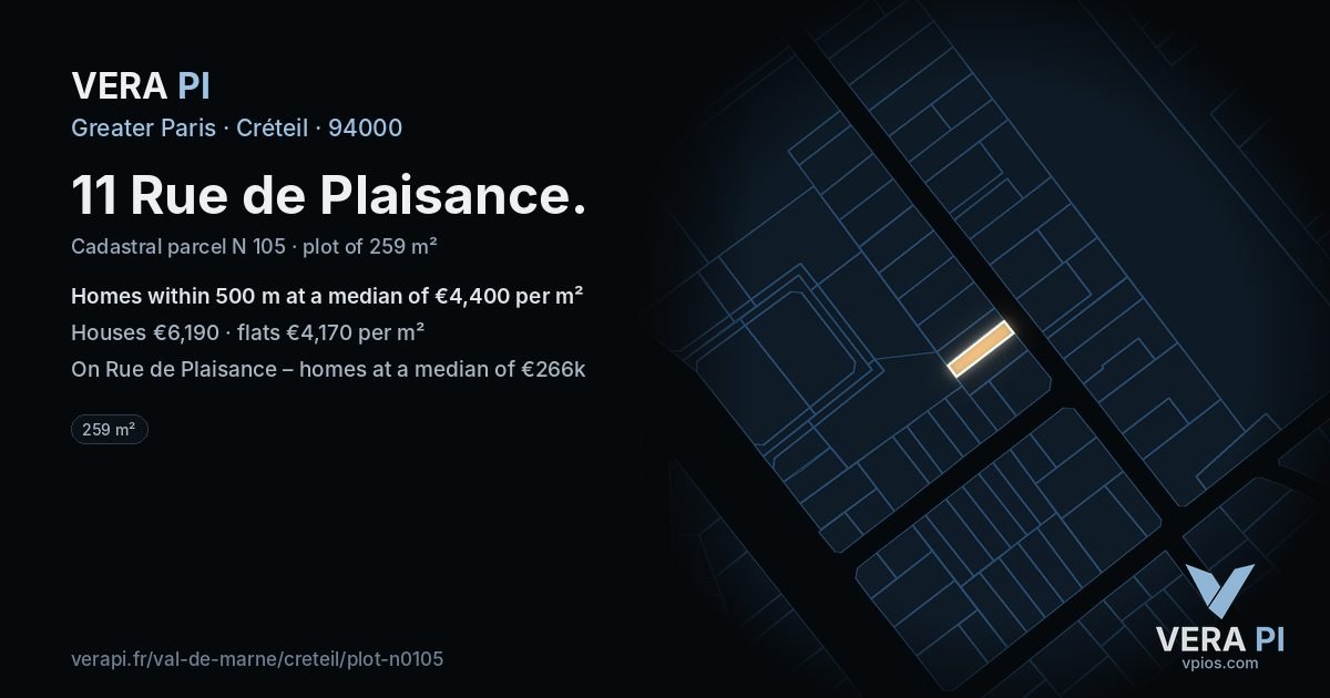 11 Rue de Plaisance, Créteil at night – the plot lit, the parcels around coloured by the prices near them