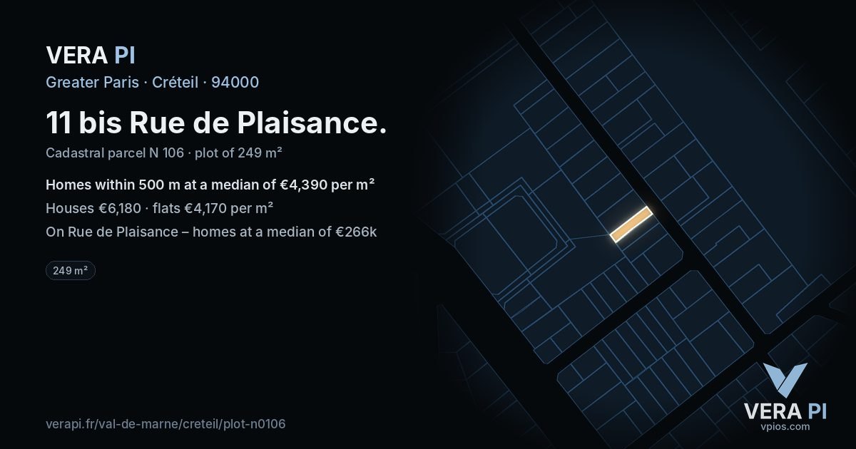11 bis Rue de Plaisance, Créteil at night – the plot lit, the parcels around coloured by the prices near them