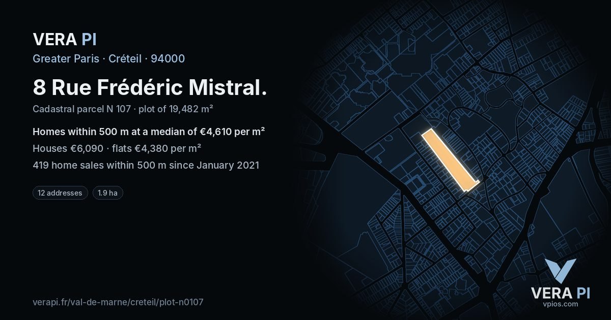 8 Rue Frédéric Mistral, Créteil at night – the plot lit, the parcels around coloured by the prices near them