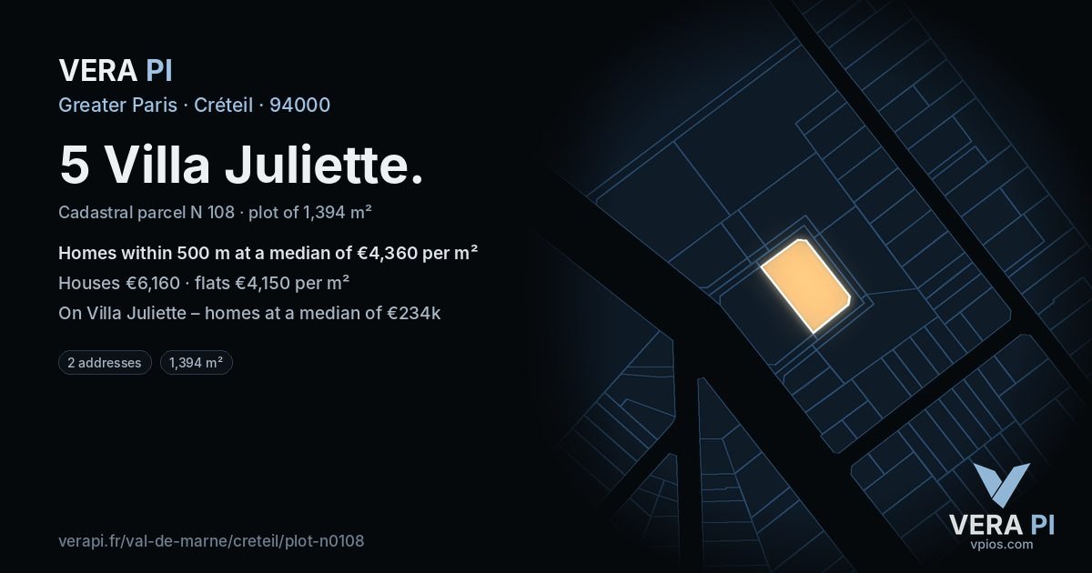 5 Villa Juliette, Créteil at night – the plot lit, the parcels around coloured by the prices near them