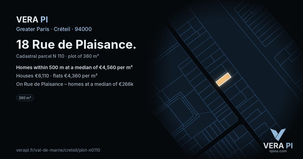 18 Rue de Plaisance, Créteil at night – the plot lit, the parcels around coloured by the prices near them