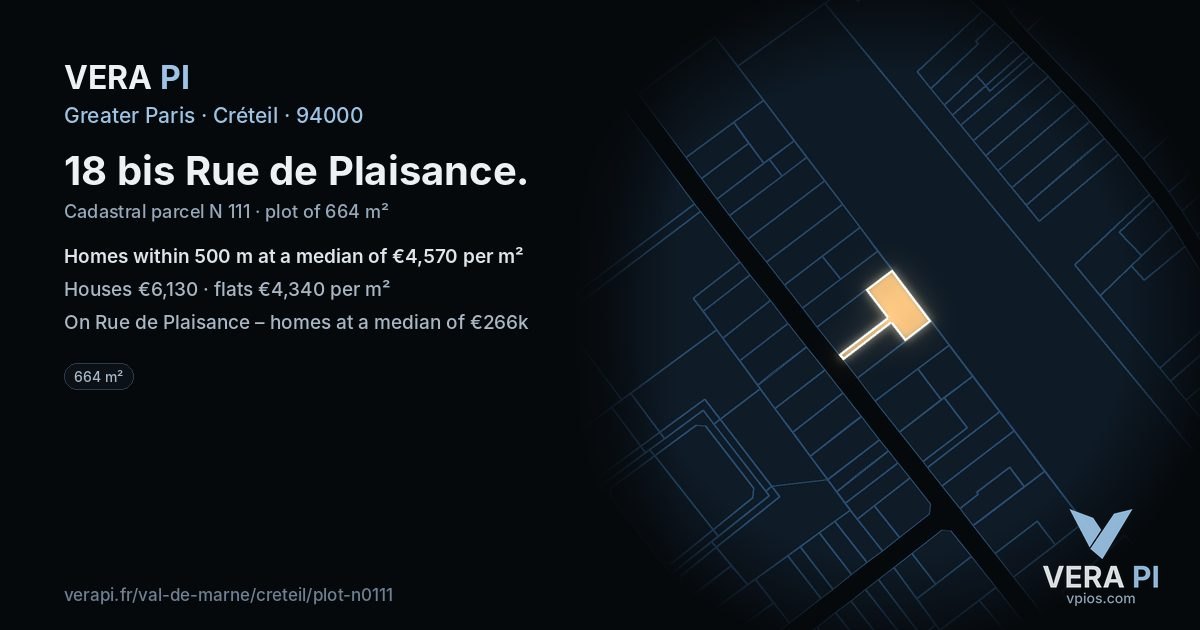 18 bis Rue de Plaisance, Créteil at night – the plot lit, the parcels around coloured by the prices near them