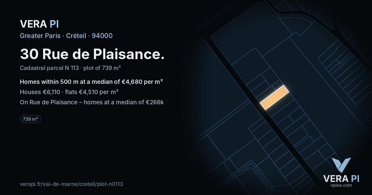 30 Rue de Plaisance, Créteil at night – the plot lit, the parcels around coloured by the prices near them