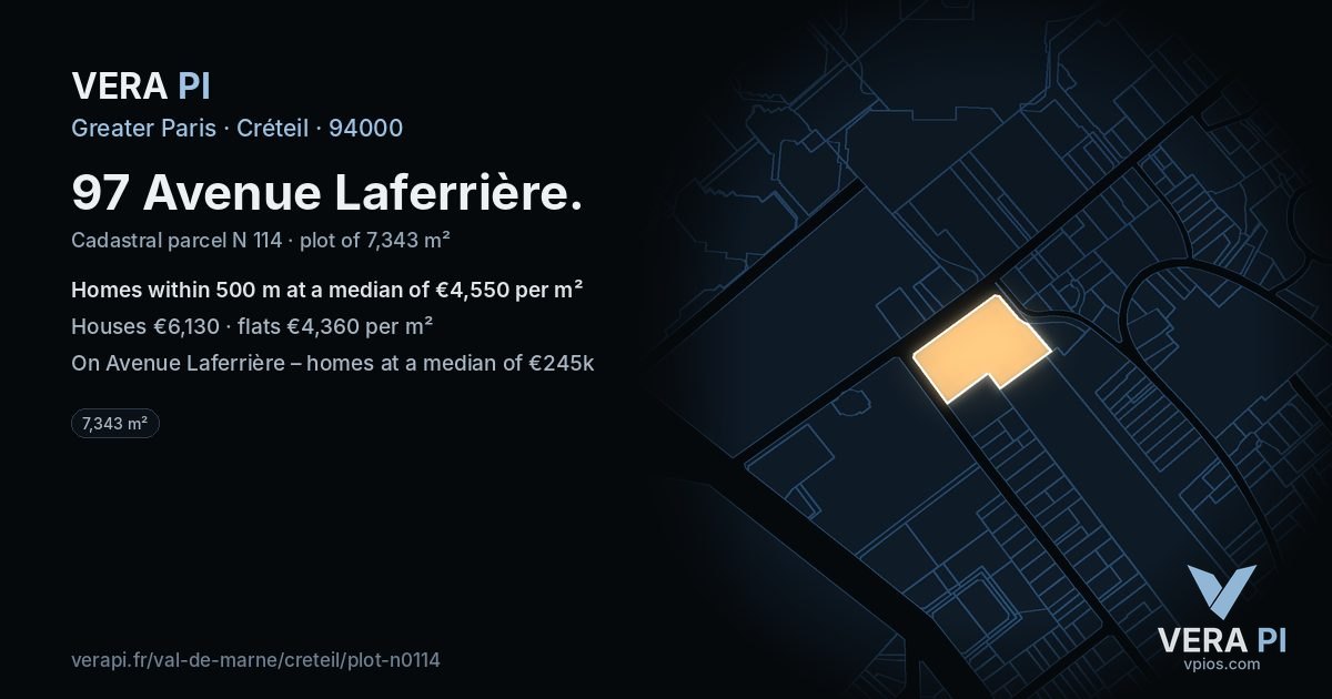 97 Avenue Laferrière, Créteil at night – the plot lit, the parcels around coloured by the prices near them