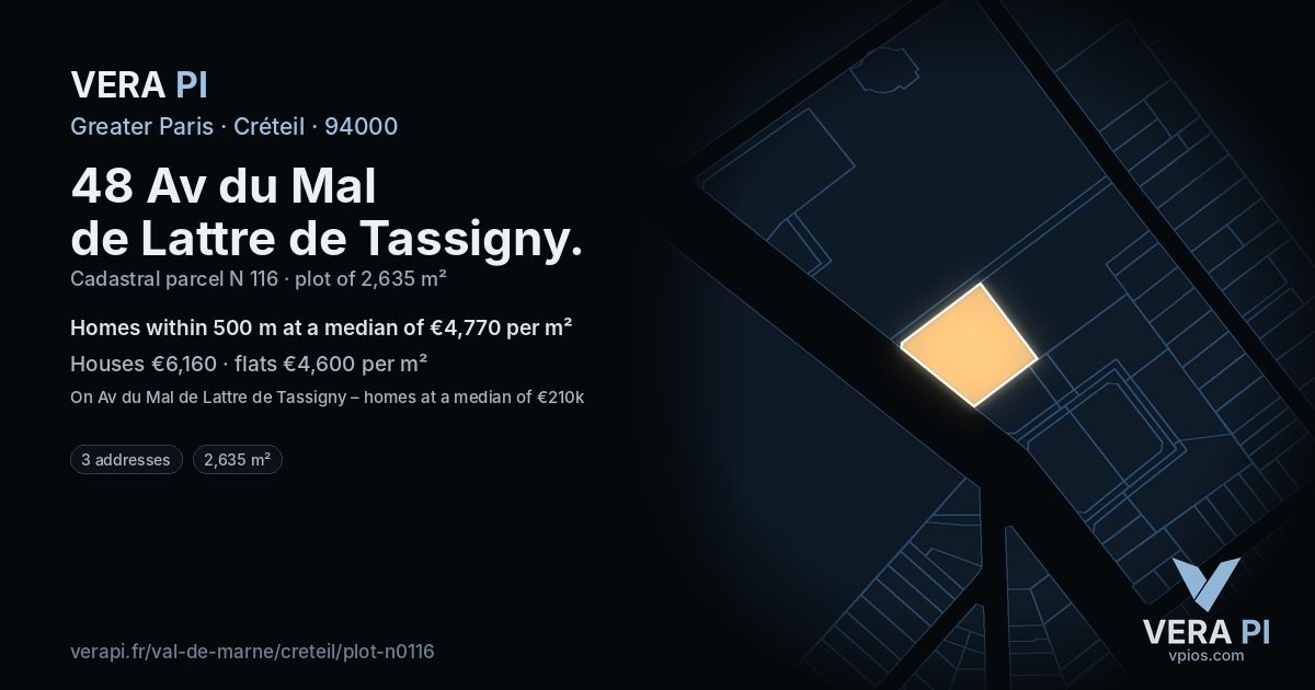 48 Av du Mal de Lattre de Tassigny, Créteil at night – the plot lit, the parcels around coloured by the prices near them