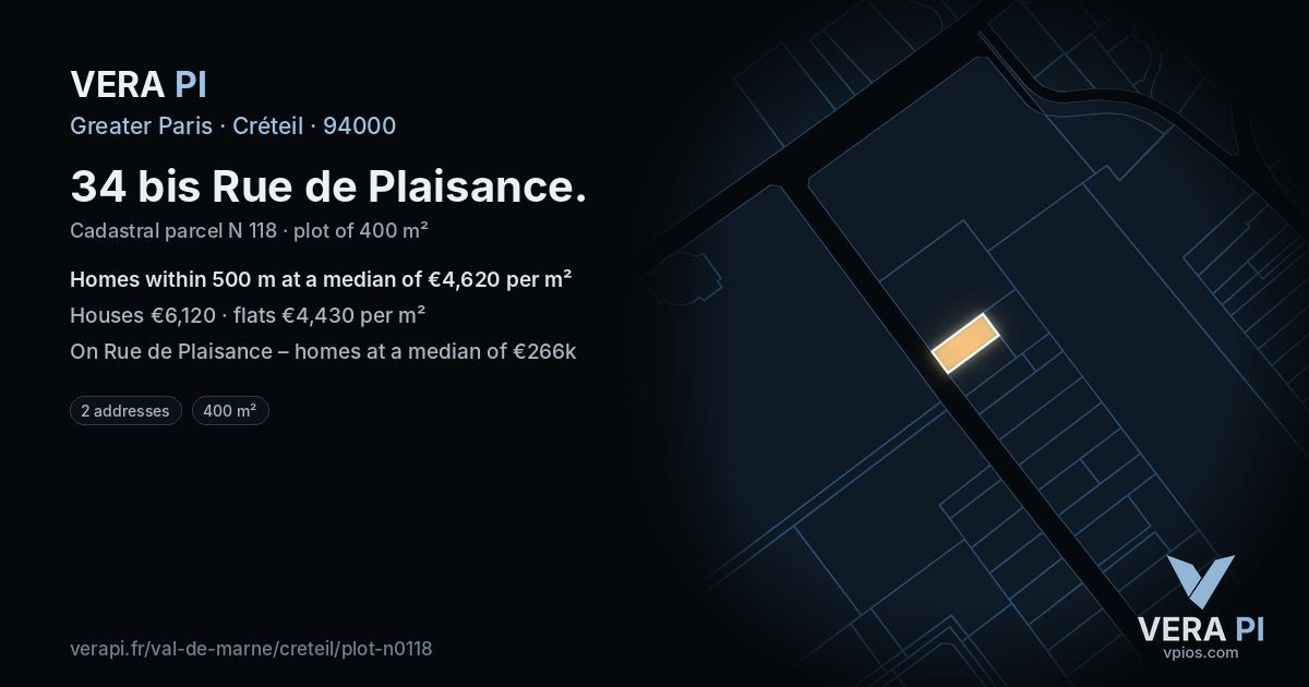34 bis Rue de Plaisance, Créteil at night – the plot lit, the parcels around coloured by the prices near them