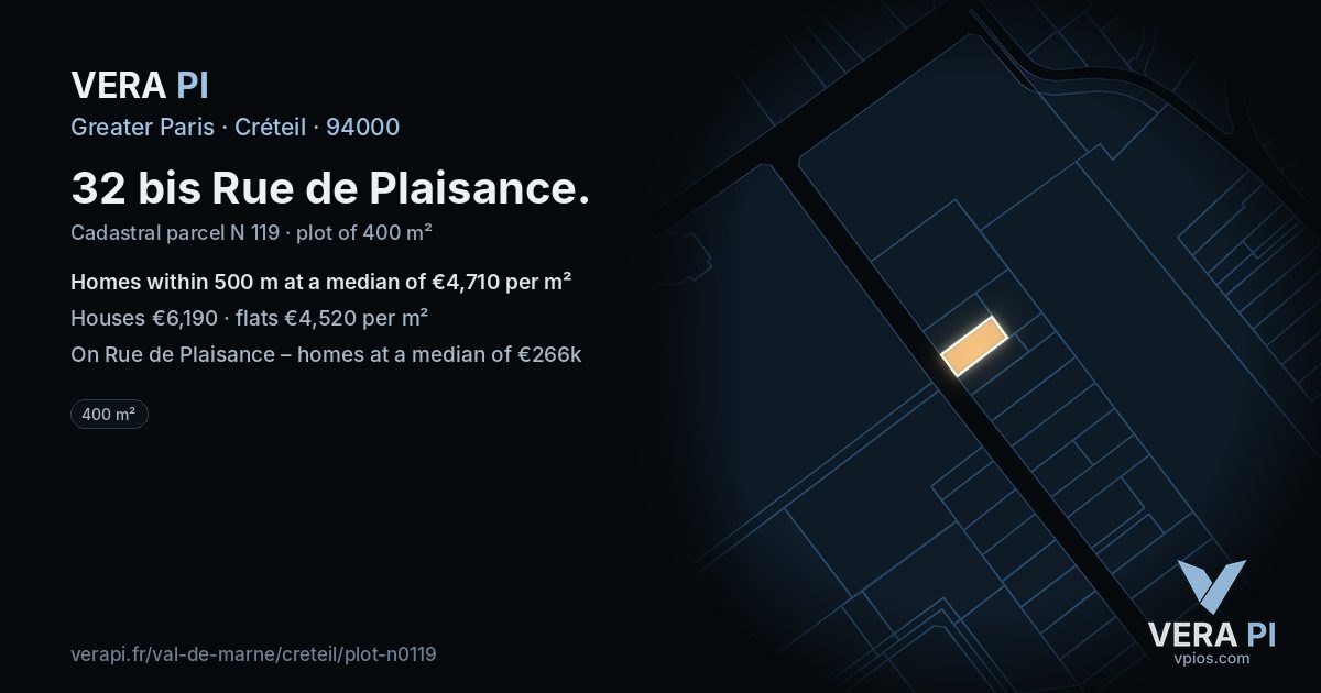32 bis Rue de Plaisance, Créteil at night – the plot lit, the parcels around coloured by the prices near them