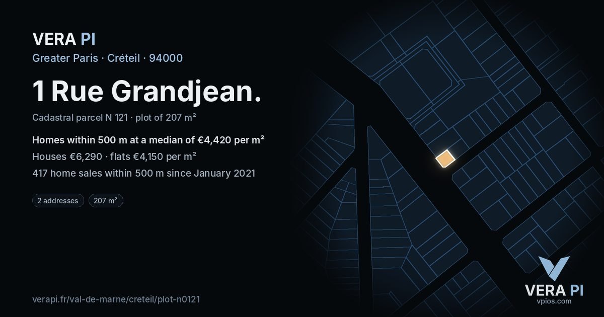 1 Rue Grandjean, Créteil at night – the plot lit, the parcels around coloured by the prices near them
