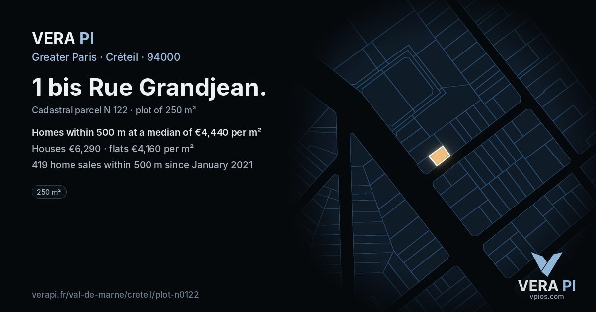 1 bis Rue Grandjean, Créteil at night – the plot lit, the parcels around coloured by the prices near them