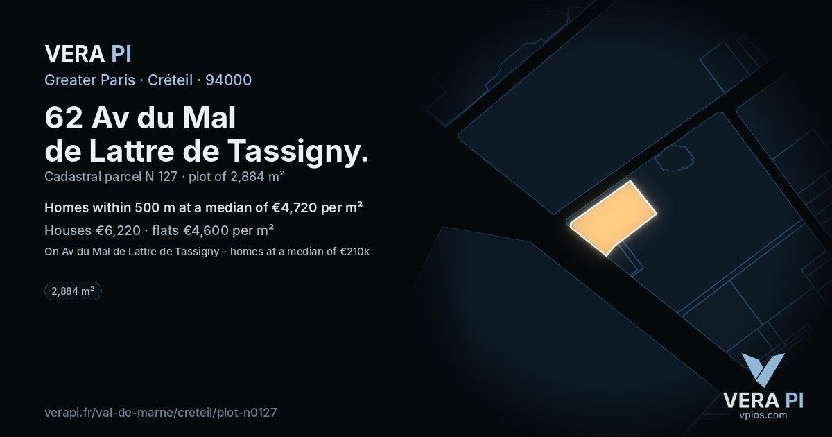 62 Av du Mal de Lattre de Tassigny, Créteil at night – the plot lit, the parcels around coloured by the prices near them