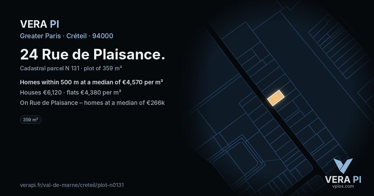 24 Rue de Plaisance, Créteil at night – the plot lit, the parcels around coloured by the prices near them