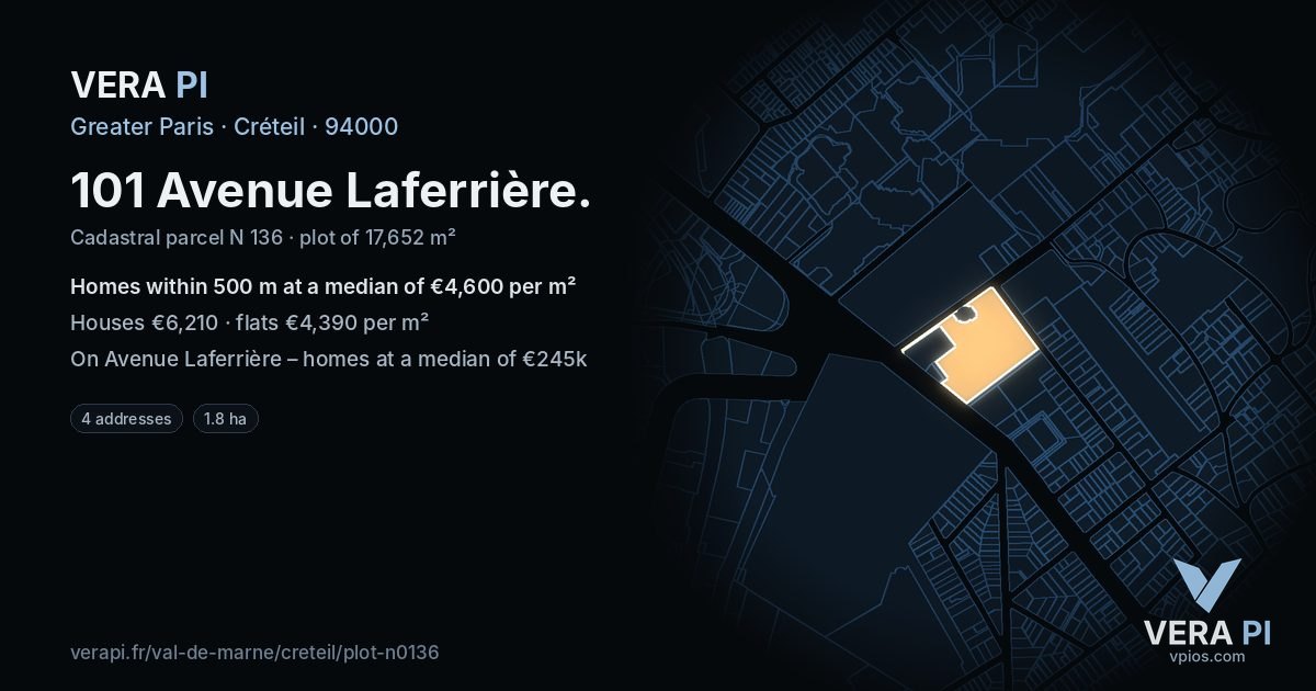 101 Avenue Laferrière, Créteil at night – the plot lit, the parcels around coloured by the prices near them