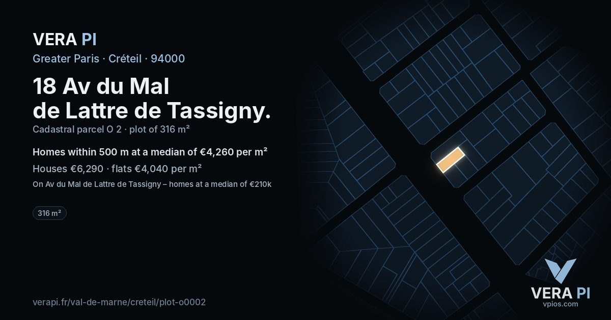 18 Av du Mal de Lattre de Tassigny, Créteil at night – the plot lit, the parcels around coloured by the prices near them