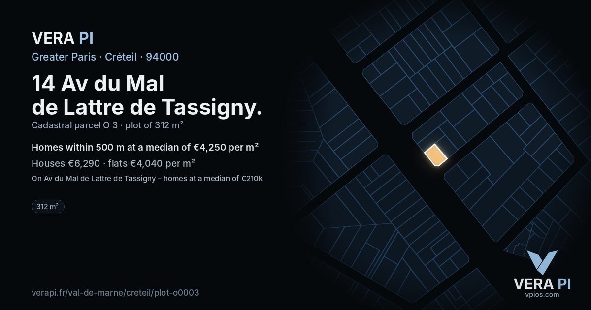 14 Av du Mal de Lattre de Tassigny, Créteil at night – the plot lit, the parcels around coloured by the prices near them