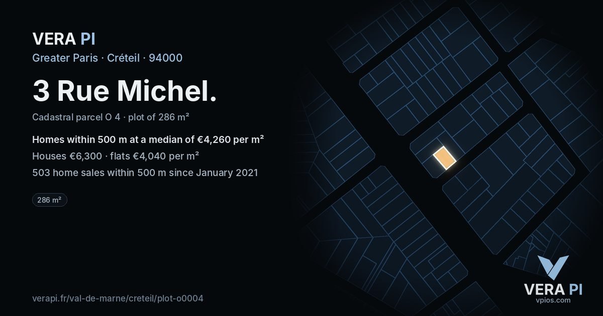 3 Rue Michel, Créteil at night – the plot lit, the parcels around coloured by the prices near them