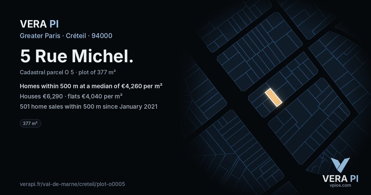 5 Rue Michel, Créteil at night – the plot lit, the parcels around coloured by the prices near them