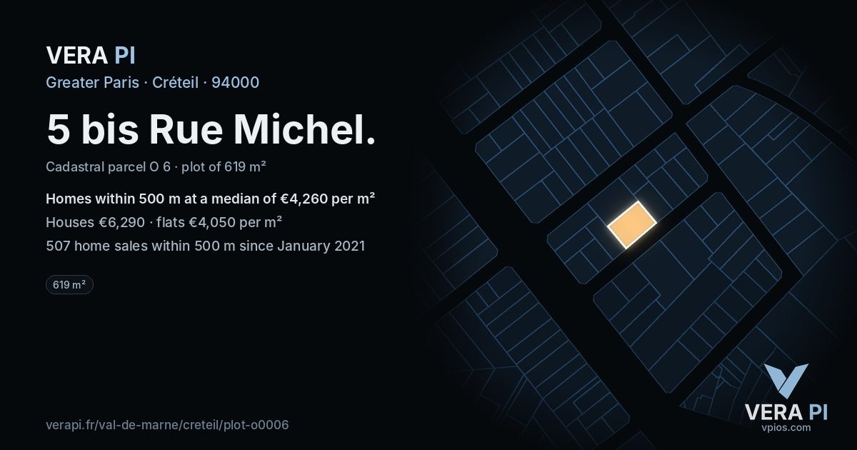 5 bis Rue Michel, Créteil at night – the plot lit, the parcels around coloured by the prices near them