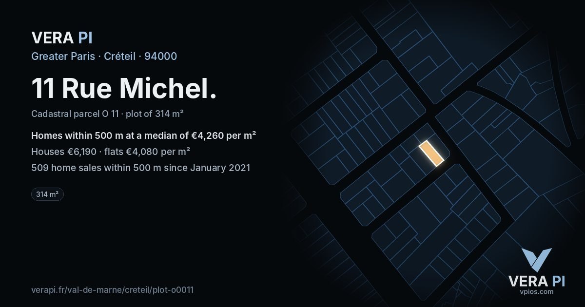 11 Rue Michel, Créteil at night – the plot lit, the parcels around coloured by the prices near them