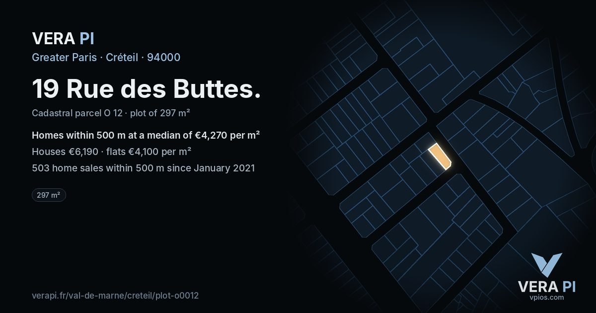 19 Rue des Buttes, Créteil at night – the plot lit, the parcels around coloured by the prices near them