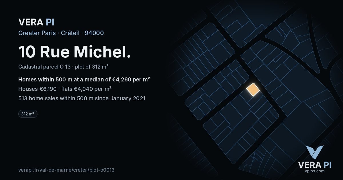 10 Rue Michel, Créteil at night – the plot lit, the parcels around coloured by the prices near them