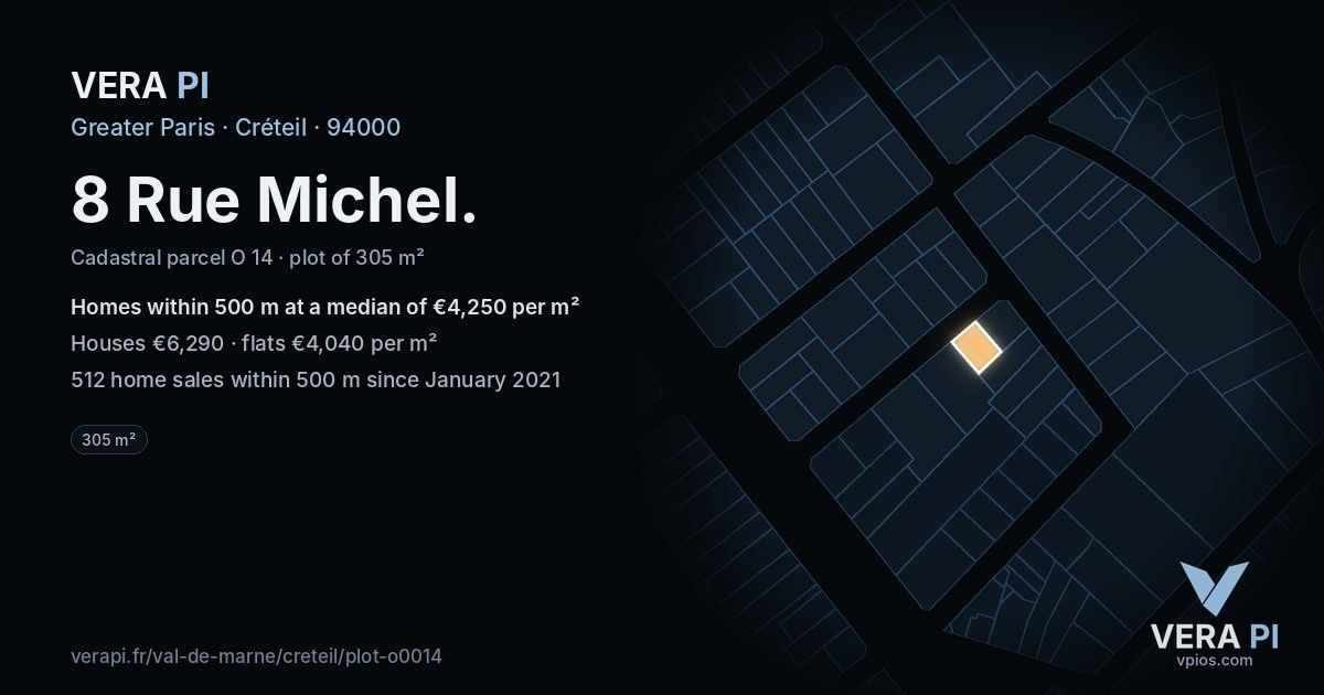 8 Rue Michel, Créteil at night – the plot lit, the parcels around coloured by the prices near them