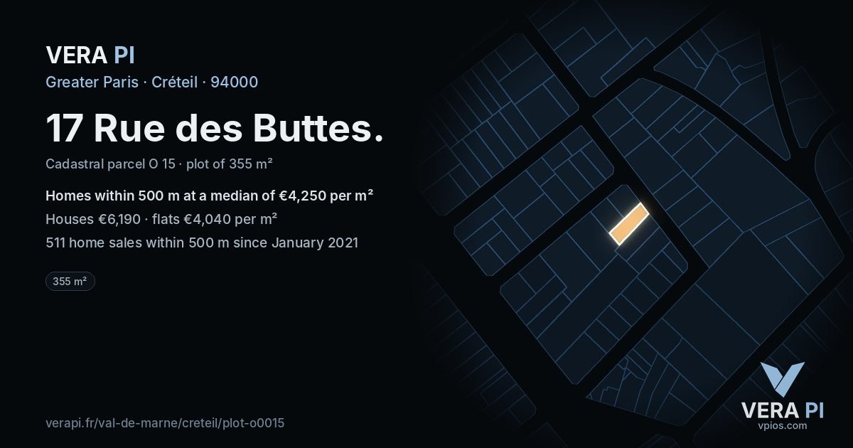 17 Rue des Buttes, Créteil at night – the plot lit, the parcels around coloured by the prices near them