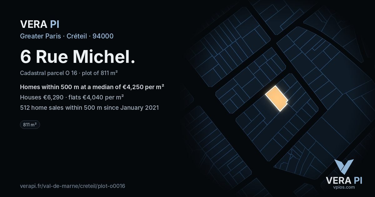6 Rue Michel, Créteil at night – the plot lit, the parcels around coloured by the prices near them